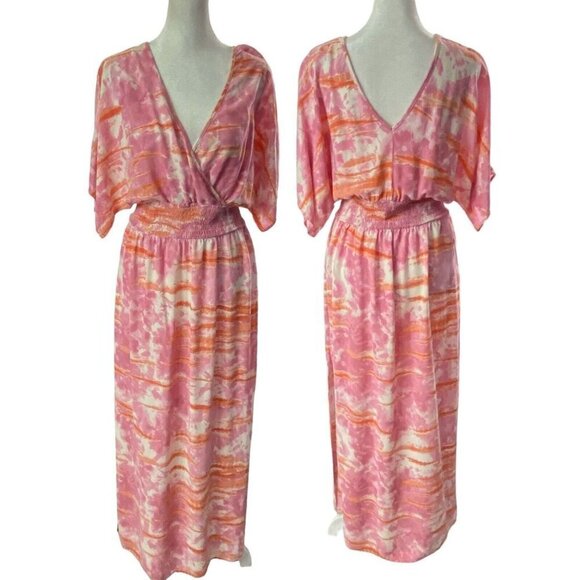 KNOX ROSE Maxi Dress V Neck Short Sleeve Side Slits Tie Dye Pink M 81-30 - Picture 1 of 13